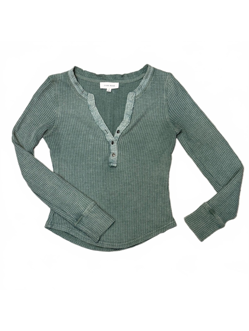 Pink Rose Women's Long Sleeve Waffle Knit Henley Shirt Medium